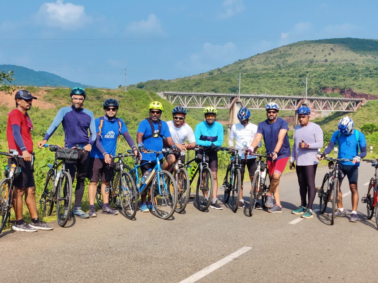 Group of cyclists at Araku railway bridge